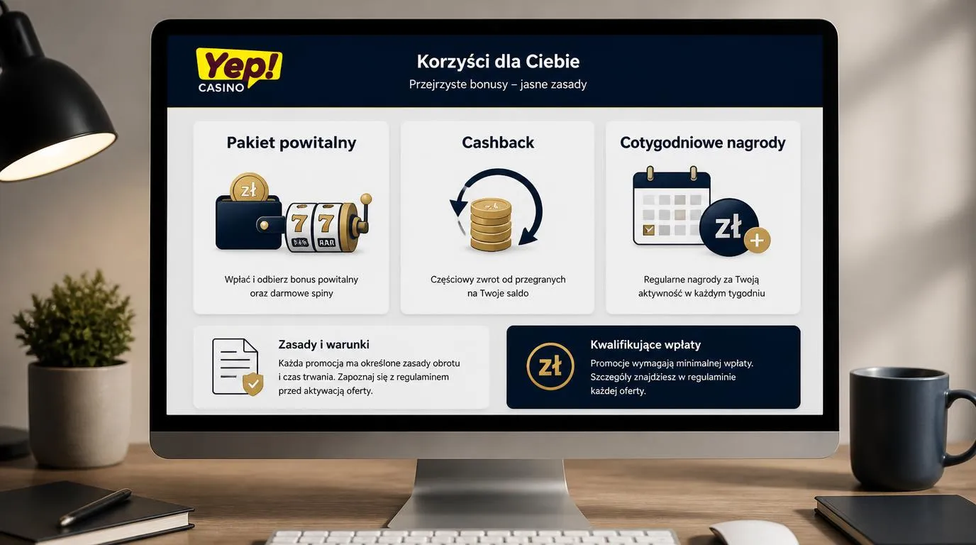 Panel ofert kasynowych z bonusem powitalnym, cashbackiem i nagrodami tygodniowymi