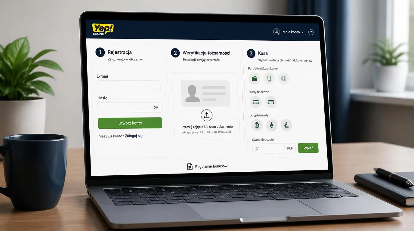 Laptop z formularzem rejestracji, panelem weryfikacji tożsamości i kasą z wyborem metody wpłaty