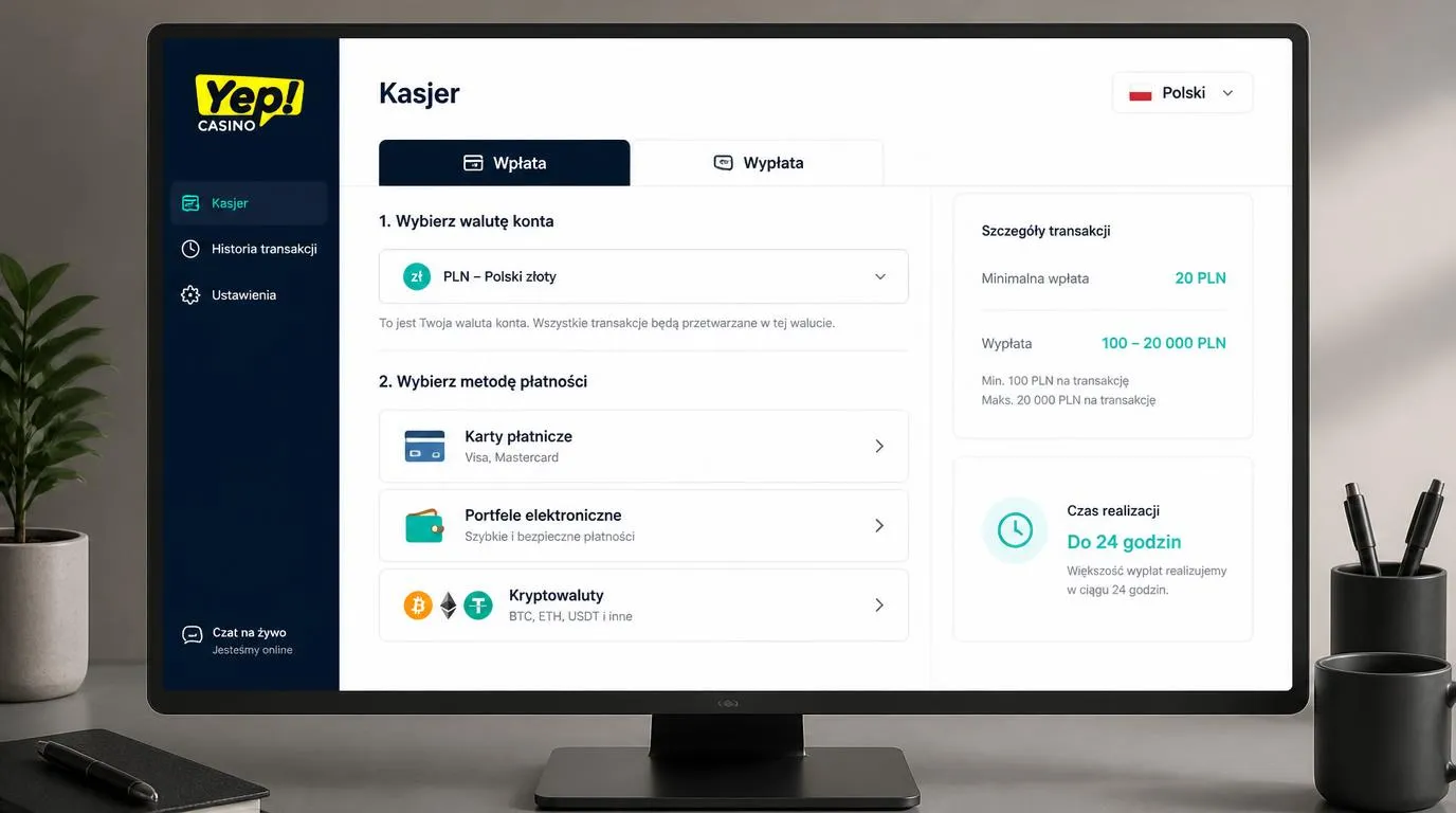 Panel kasjera z kontem PLN, wyborem kart, portfeli elektronicznych i kryptowalut oraz polską wersją interfejsu
